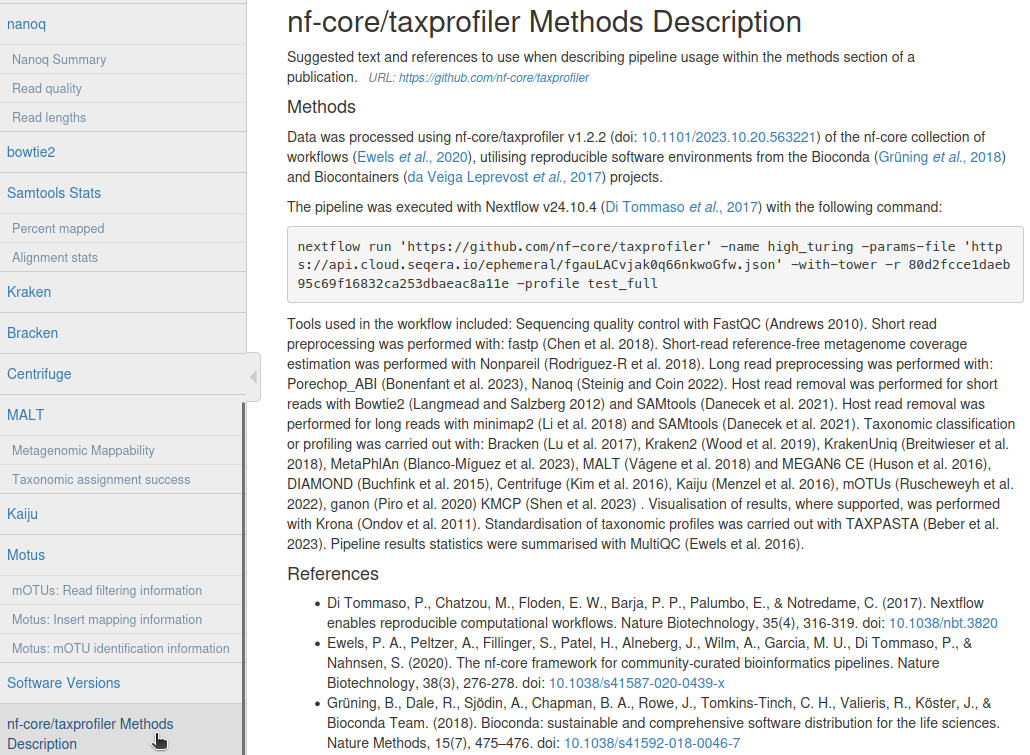 Example screenshot of the automated methods text from nf-core/taxprofiler